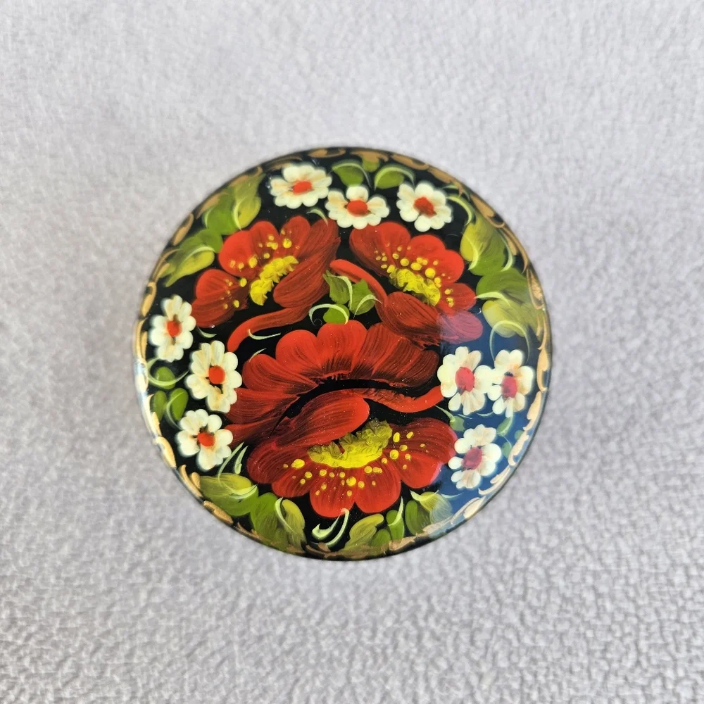 Handcrafted Ukraine Wood Lacquer Small Trinket Box Black Red Floral Storage 2